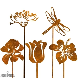 Tuinbijouteriestandaard – roestige set van 5 decoraties met stalen libelle XXL 99 cm
