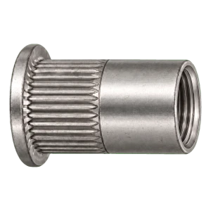 Blindklinkmoer roestvrij staal A4 M12×23 mm – platte kop, gekartelde schacht – doos 250 stuks