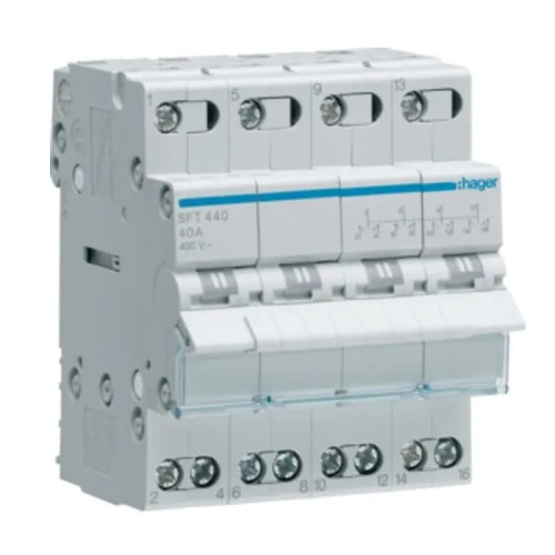 Modulaire installatieschakelaar I-0-II (1-0-2) gemeenschappelijk punt van boven 4P 40A 400VAC SFT440 HAGER GPV-401-68
