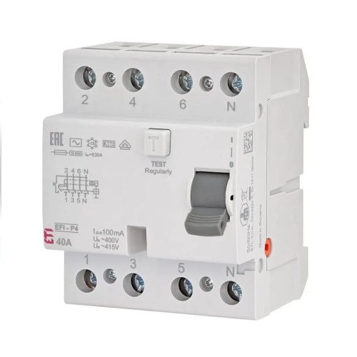 Aardlekschakelaar 4P 40A 100mA typ AC EFI-P4 AC 40/0.1 002061622 ETI GPV-401-132