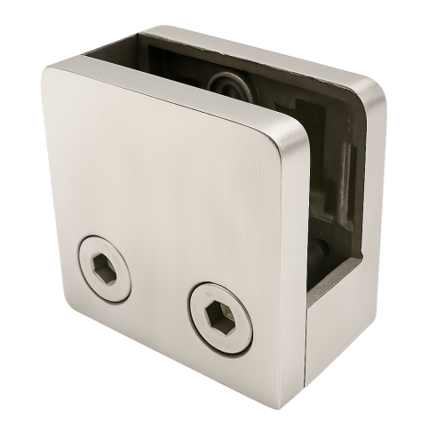 Glashouder 45x45x26 mm met pin-beugel glas 6–10,76 mm AISI 304 vlak systeem satijn 000-268 (1)